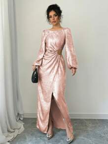 Elenzga Vestido largo casual y sencillo para mujeres con cuello redondo, manga larga, bajo dividido y calado