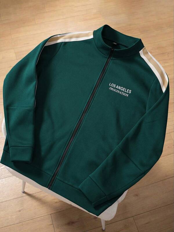 Manfinity Sporsity Plus Size Men's Casual Letter Print Contrast Striped Side Zip Up Stand Collar Jacket, Autumn Going Out Zipper Fashion Colorful Long Sleeve Dark Green Lightweight Jacket, For Friends, Husband, Boyfriend Gifts