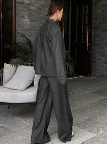 Livesso Women Casual Drop Shoulder Denim Blouse & Pants Set, Autumn