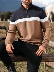 Manfinity Homme Jersey casual con cierre de cremallera delantero, manga larga, bloque de color y gráfico de rayas para hombre, para golf, esposo