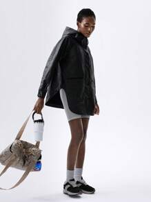 VARSITIE Solid Color Long Sleeve Zip-Up Loose Hooded Women Sports Jackets - Black - View 3