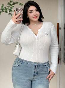 Dazy Plus Plus Size Pattern Embroidery V-Neck Fitted Crop Long Sleeve Pullover Sweater, For Winter,Fall Clothes Carnival - White - View 7