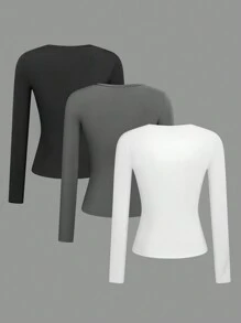 SHEIN LUNE 3 件/套女士纯色弹力贴身保暖内衣，基本款，轻便，保暖内衬和加厚保暖内衬版本，适合秋冬季 - 彩色 - 查看 2