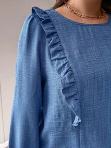 SHEIN LUNE Plus Size Herfst Casual Shirt Met Ruche Rand En Knoopdecoratie