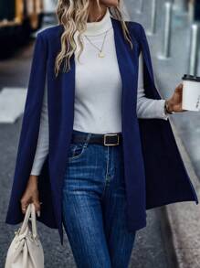 SHEIN BASICS 女士纯色开叉袖前开式休闲西装外套 - 藏蓝色 - 查看 5