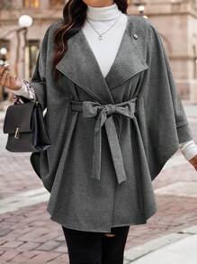 SHEIN Unity Áo khoác thanh lịch tay cánh dơi ve màu trơn cỡ lớn cho nữ, thu/đông, thắt eo - Xám - Xem 4