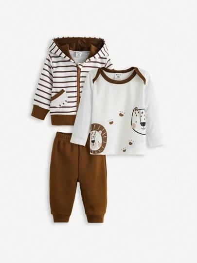SHEIN Bộ 2 món áo dài tay và quần dài họa tiết chắp vá màu trơn dễ thương cho bé trai, mùa xuân và mùa thu