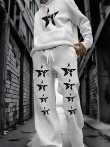 Manfinity EMRG Bộ 2 quần nỉ dài tay in họa tiết ngôi sao năm cánh thường ngày cho nam, mùa thu/đông - trắng - Xem 1