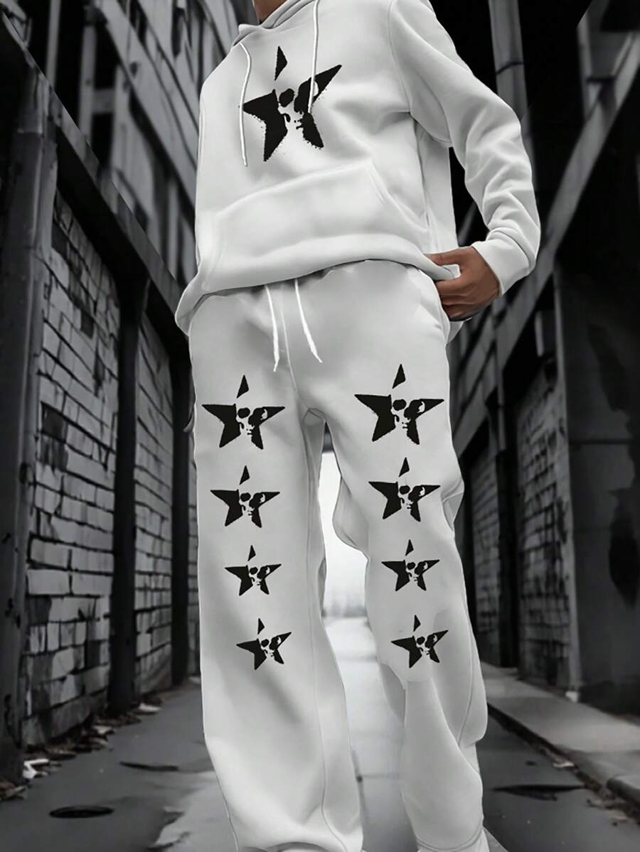 Manfinity EMRG Bộ 2 quần nỉ dài tay in họa tiết ngôi sao năm cánh thường ngày cho nam, mùa thu/đông - trắng - Xem 1