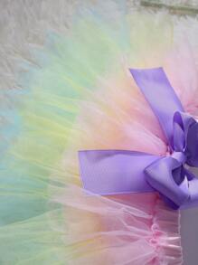 SHEIN 新生儿拍照装 - 刺绣三角连体衣，撞色薄纱芭蕾舞短裙套装，配蝴蝶结头带，新生儿回家装 - 彩色 - 查看 4