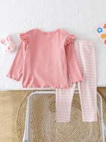 女婴粉色圆领长袖兔子刺绣上衣和条纹裤休闲家居服套装，秋冬