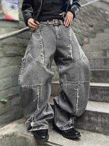 Manfinity EMRG 男士休闲水洗磨边下摆斜口袋宽松牛仔裤，纯色宽牛仔裤长款宽松酸洗工装牛仔裤，适合送给老公、男朋友的礼物 - 淺灰色 - 查看 3