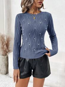 SHEIN Clasi 女士纯色圆领长袖镂空珍珠装饰毛衣，秋冬 - 霧霾藍 - 查看 3