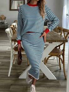 SHEIN LUNE 女士条纹圆领落肩长袖针织衫+针织裙套装（2件套），秋冬季 - 彩色 - 查看 4