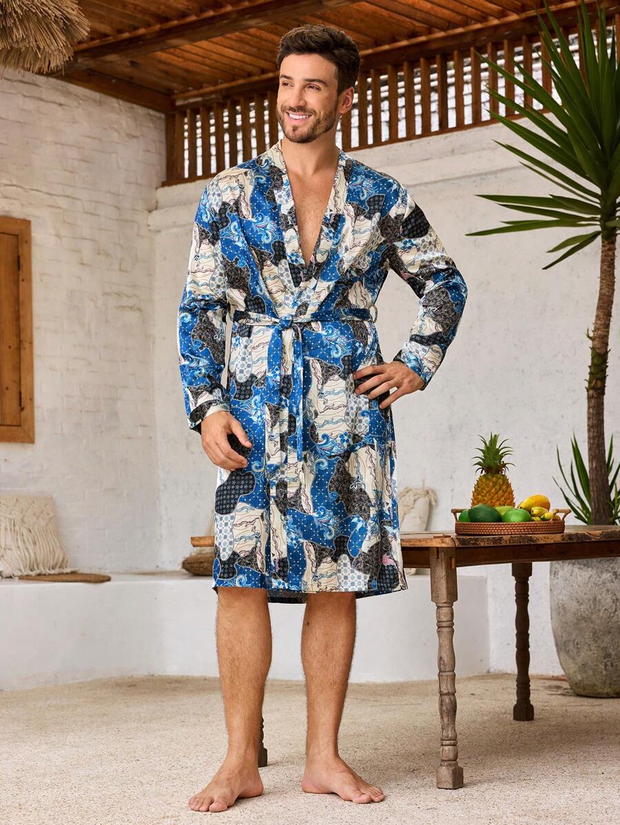 Manfinity ChillVibe 1 件男士全印花系带浴袍 - 彩色 - 查看 1