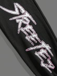 Manfinity VCAY Men Letter & Flame Print Drawstring Waist Loose Fit Knit Sweatpants Going Out Baggy Black Sweatpants, For Husband, Boyfriend Gifts