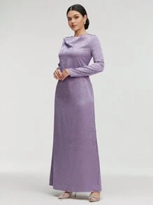 Veilorie Ladies' Elegant Floral Jacquard Long Sleeve Long Dress With V-Neck For Spring/Summer Modest - Dusty Purple - View 8