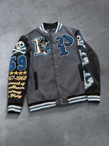 Manfinity EMRG 棒球领字母与骷髅贴花正面纽扣长袖夹克 - 彩色 - 查看 1