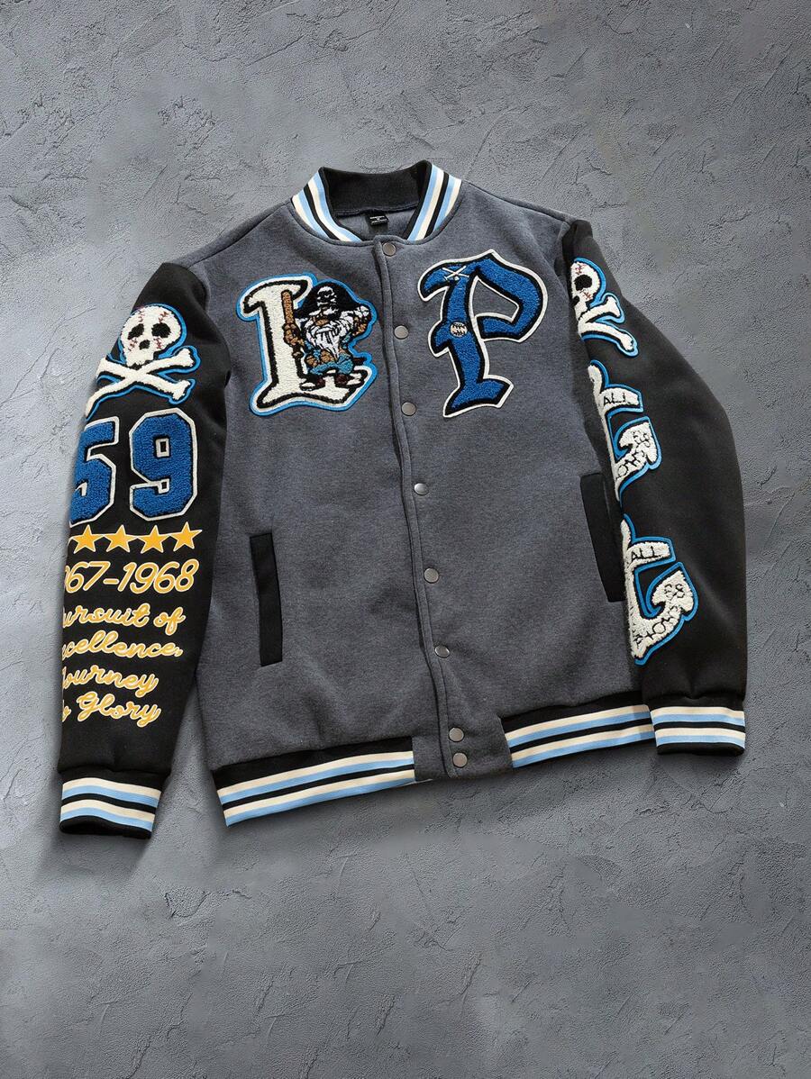 Manfinity EMRG 棒球领字母与骷髅贴花正面纽扣长袖夹克 - 彩色 - 查看 1