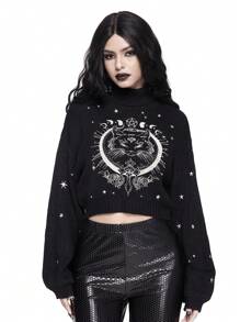 ROMWE Goth 高领深色哥特式黑色神秘猫刺绣套头衫 - 黑色 - 查看 6