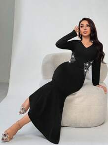 Modelyn Women's Autumn Rhinestone Decor Waist Fitted Fish Tail Hem Dress Long Evening Dresses - Black - View 1
