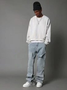 SUMWON Snap Button Side Seam Carpenter Flare Jeans Y2K Wide Leg Denim Pants Skater Style Modern Streetwear Baggy Fit Autumn Winter - Blue - View 3