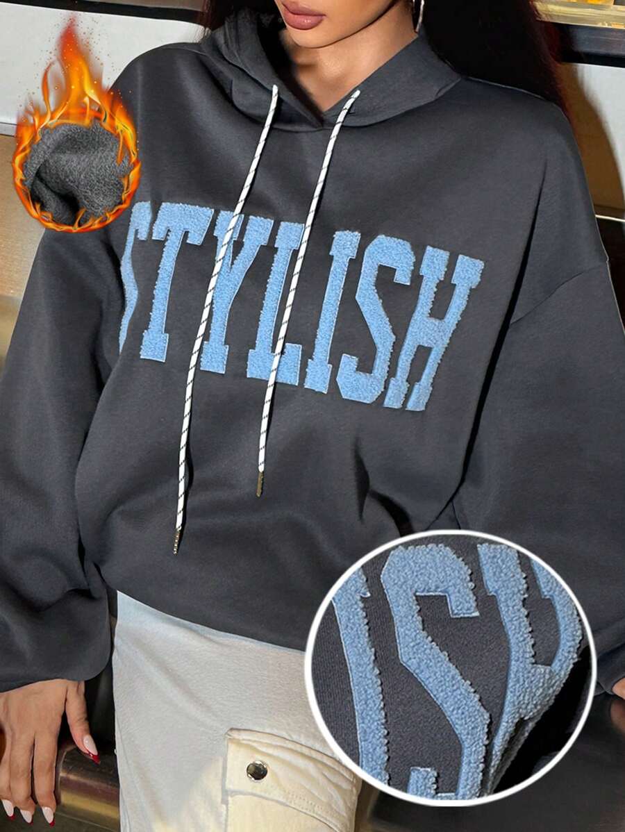 Seusyu Women Letter Print Drop Shoulder Long Sleeve Drawstring Hooded Casual Sweatshirt, Autumn - Grey - View 1