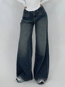 DAZY Dames Voorkant Knoop Lage Taille Flare Leg Jeans Broek, Casual Dagelijkse Kleding