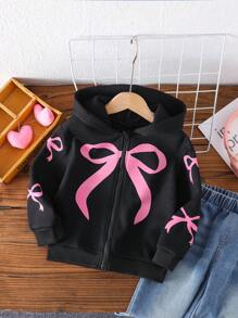 SHEIN Explorewe 年轻女孩休闲 Y2K 风粉色蝴蝶印花卫衣外套，黑色领子，适合秋冬季日常及户外穿着 - 黑色 - 查看 2