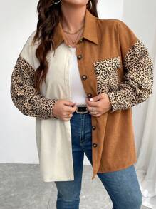 SHEIN LUNE Plus Size Leopard Print Patchwork Color Block Casual Jacket, Autumn Winter Fall - Multicolor - View 4