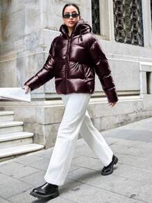 SHEIN Tall Tall Hooded Pu Leather Down Jacket With Zipper, Slanted Pockets And Drawstrings - Burgundy - View 4
