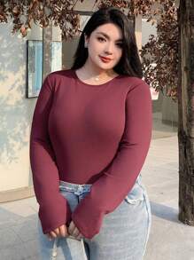 Dazy Plus Plus Size Solid Color Crew Neck Fitted Thermal Lined Long Sleeve T-Shirt Fall,Winter - Burgundy - View 7