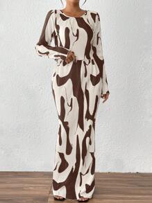 Chiquease Bộ 2 món: Áo tay dài cổ tròn và chân váy ôm eo chun, họa tiết xếp ly. - màu nâu - Xem 4