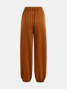 SHEIN 2 件套青少年女孩纯色字母印花拉链连帽衫和运动裤休闲秋季服装 - 棕色 - 查看 3