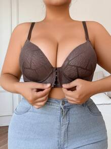 大码女式前扣蕾丝文胸，带钢圈和衬垫，凸显乳沟，透气