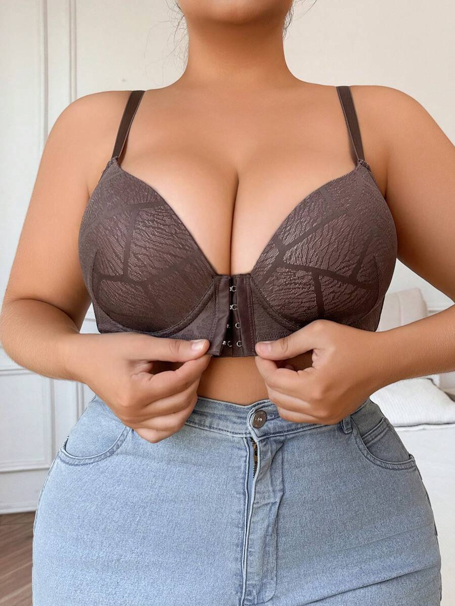 大码女式前扣蕾丝文胸，带钢圈和衬垫，凸显乳沟，透气