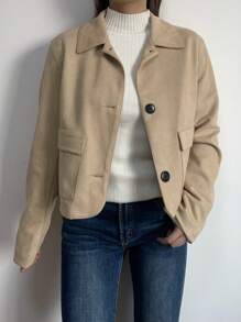SHEIN BASICS Women Casual Solid Color Woven Turndown Collar Long Sleeve Fall Jacket, Warm Comfort, Cozy Chic, Daily Commute