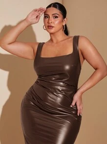 SHEIN BAE Plus Size Women's Brown Simple Sexy Elegance Solid Color Elastic PU Square Collar Spaghetti Strap Mid-Length Adjustable Shoulder Strap Fashion Party Dress, Autumn/Winter