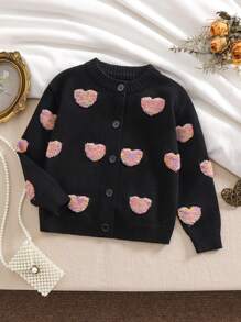 年轻女孩开衫毛衣，黑色柔软温暖彩色心形图案针织外套，适合秋冬季
