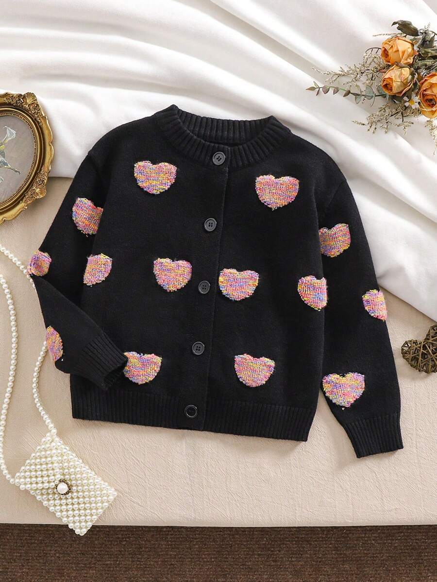 年轻女孩开衫毛衣，黑色柔软温暖彩色心形图案针织外套，适合秋冬季