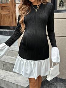 SHEIN 孕妇撞色圆领喇叭袖荷叶边下摆优雅连衣裙，秋季 - 黑與白 - 查看 5