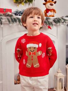 SHEIN Gingerbread Man & Snowflake Pattern Sweater, Suitable For Christmas, Valentine's Day, Family And Couple Parties,In Fall/Winter - Red - View 6