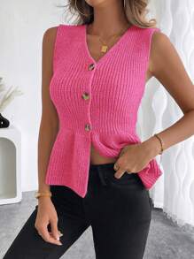 SHEIN LUNE Women Knitted Ruffle Trim Cardigan Sweater Vest With Button Front - Hot Pink - View 5