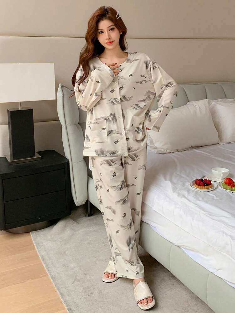 Chinese Style Ink Painting Pattern Loose Pajama Set