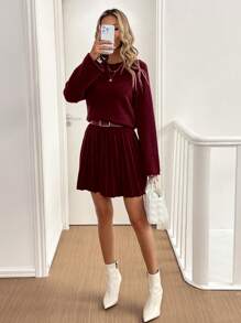 EMERY ROSE 2 件学院风女式纯色圆领长袖毛衣和褶皱针织裙套装，秋冬