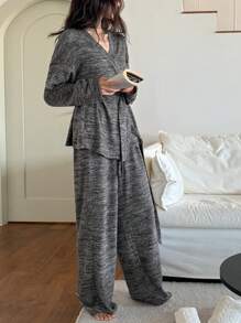 DAZY Casual Minimalist Mixed Color Knitted Waistband Cardigan Top Paired With Straight Loose Knit Pajama Pants Loungewear Set - Dark Grey - View 3