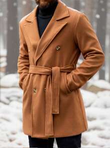 Manfinity Homme Abrigo largo de solapa entallada y doble botonadura en unicolor para hombre, para otoño e invierno - Café integral - Ver 2