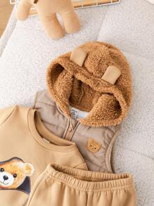 3 pezzi/set neonato/bambina cachi modello cartone animato scollo rotondo felpa, elastico in vita pantaloni spessi, gilet in pile giacca 3 pezzi vestito, adatto per autunno e inverno all'aperto, sci - Multicolore - Visualizzare 13
