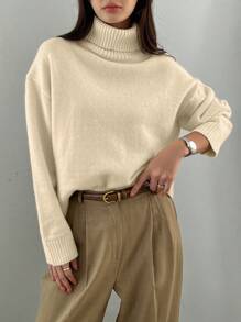 DAZY Women Casual Solid Color High Neck Dropped Shoulder Sweater, Suitable For Autumn/Winter,Fall Women Clothes - Apricot - View 4