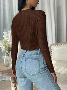 SHEIN EZwear 春装纯色罗纹针织短款 T 恤 - 棕色 - 查看 2